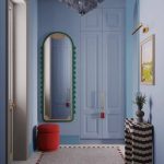 Wes Anderson style entrance, pastel coloured entrance